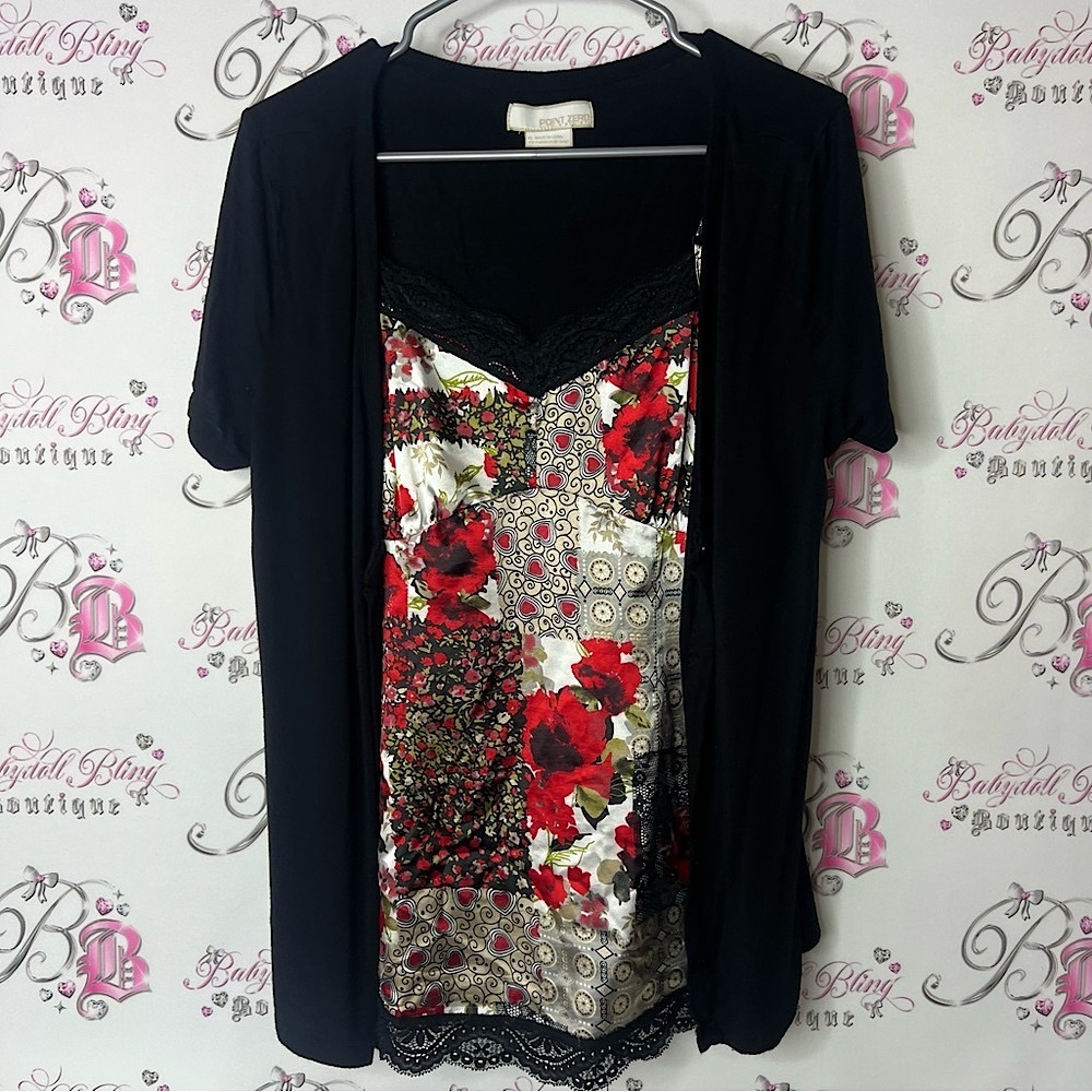 Point zero top shirt camisole tshirt Floral Black and Red Women's Top